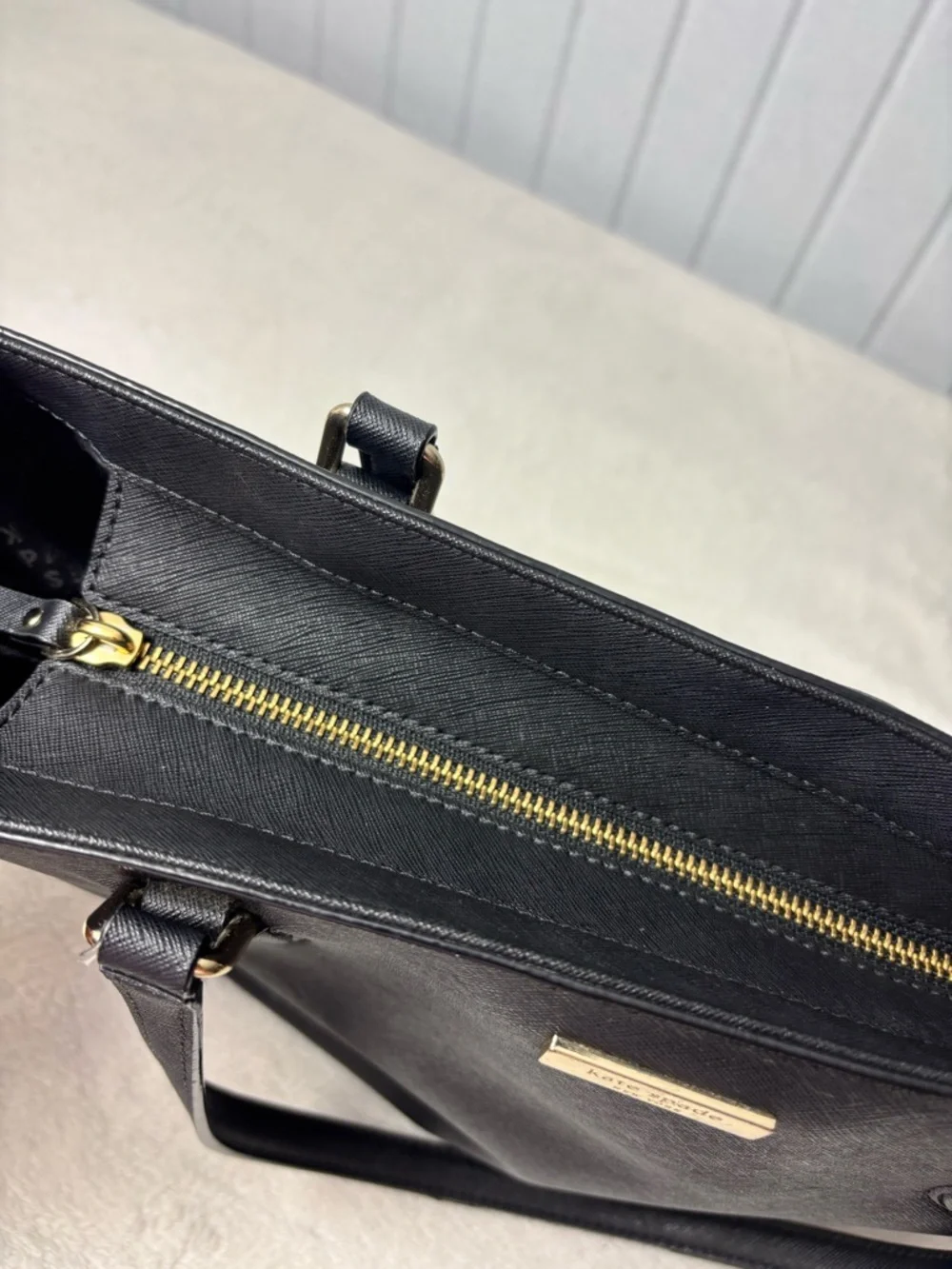 Kate Spade New York  Leather Cow Black Saffiano Tote with Gold Plaque‎